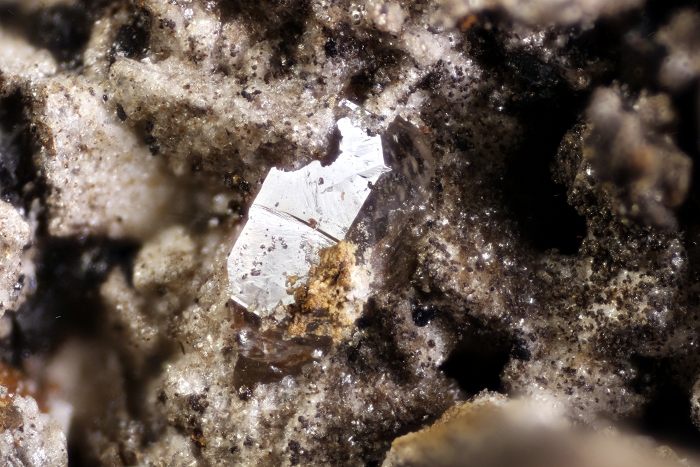 Quarz (Doppelender) auf Dolomit, geologische Schicht: Mutterflöz , Kupferschiefer Fossiliengrabung Hüggel 2016, Bildbreite 3.2 mm , Copyright F. Müller.