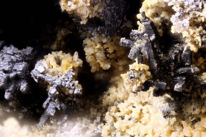  Galenit (Skelettkristall) mit Smithsonit in einem Nautiliden-Hohlraum, geologische Schicht: Kupferschiefer , Kupferschiefer Fossiliengrabung Hüggel 2016, Bildbreite 6.6 mm , Copyright F. Müller.